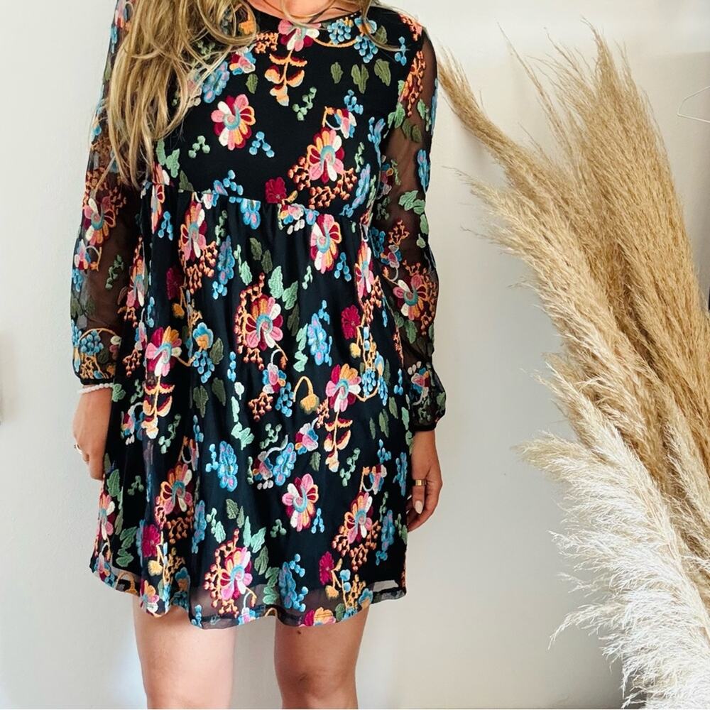ANTHROPOLOGIE Black Sheer Mesh Floral Embroidery Overlay Sleeve Mini Dress S - Picture 7 of 14